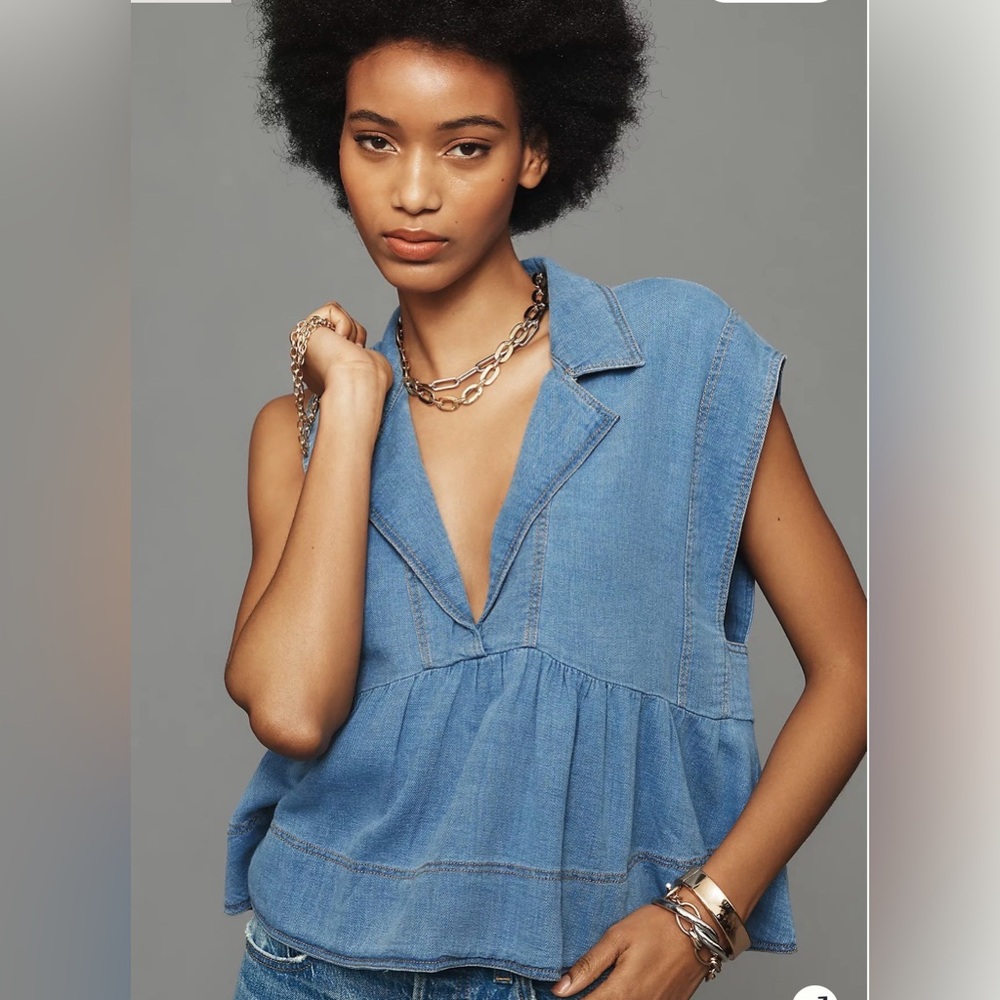 Anthropologie Pilcro Sailor Light Blue Denim Babydoll Sleeveless V-Neck Sz XSP